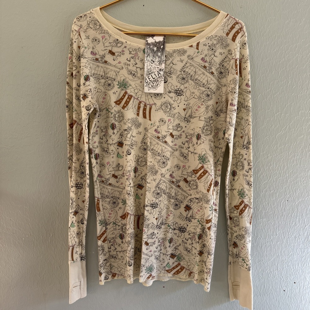 VTG dELiA*s Thermal Waffle Knit Shirt Graphic Print Circus Animal 90s Grunge Xl